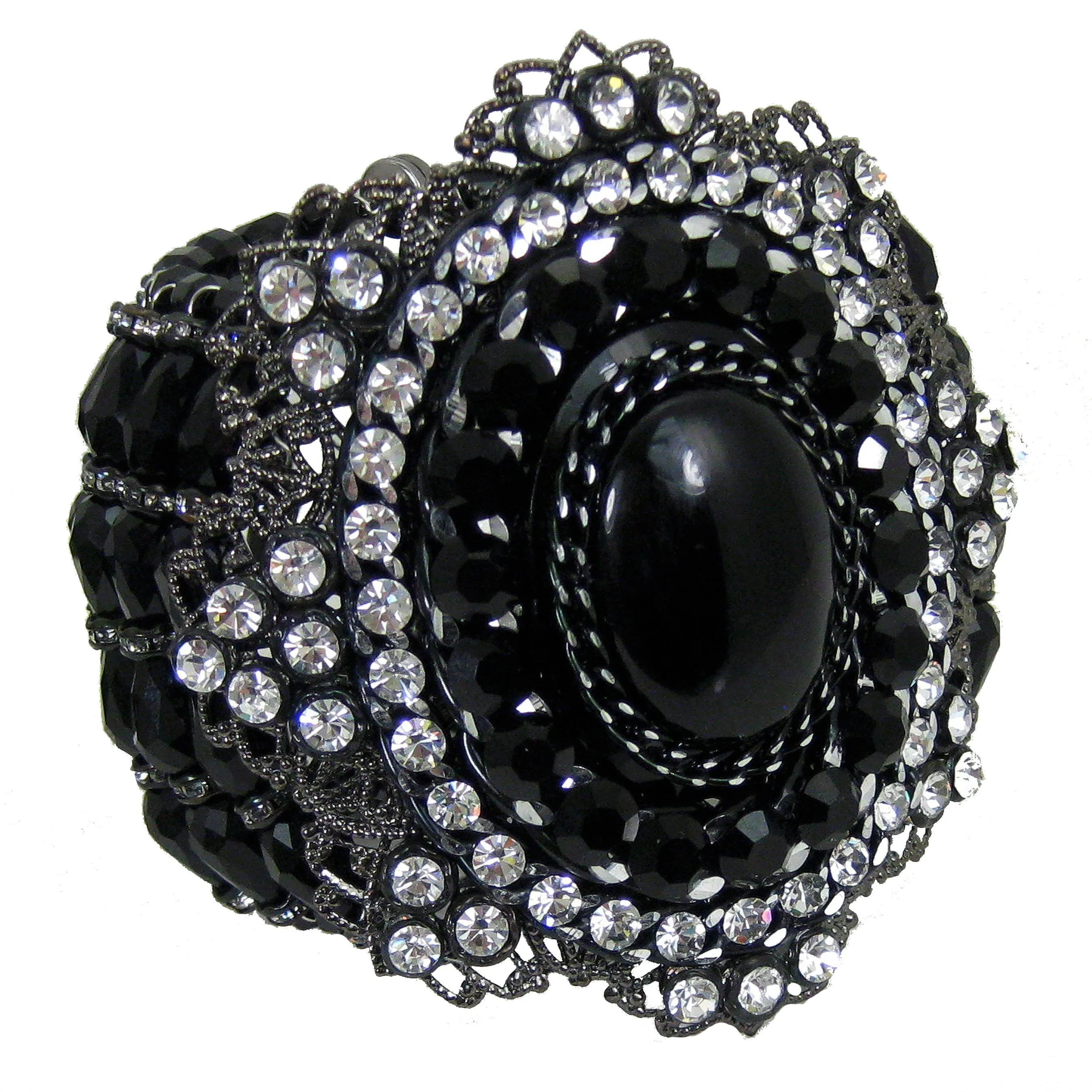 #1052b Jet Glass, Gunmetal Filigree & Rhinestone Cuff Bracelet