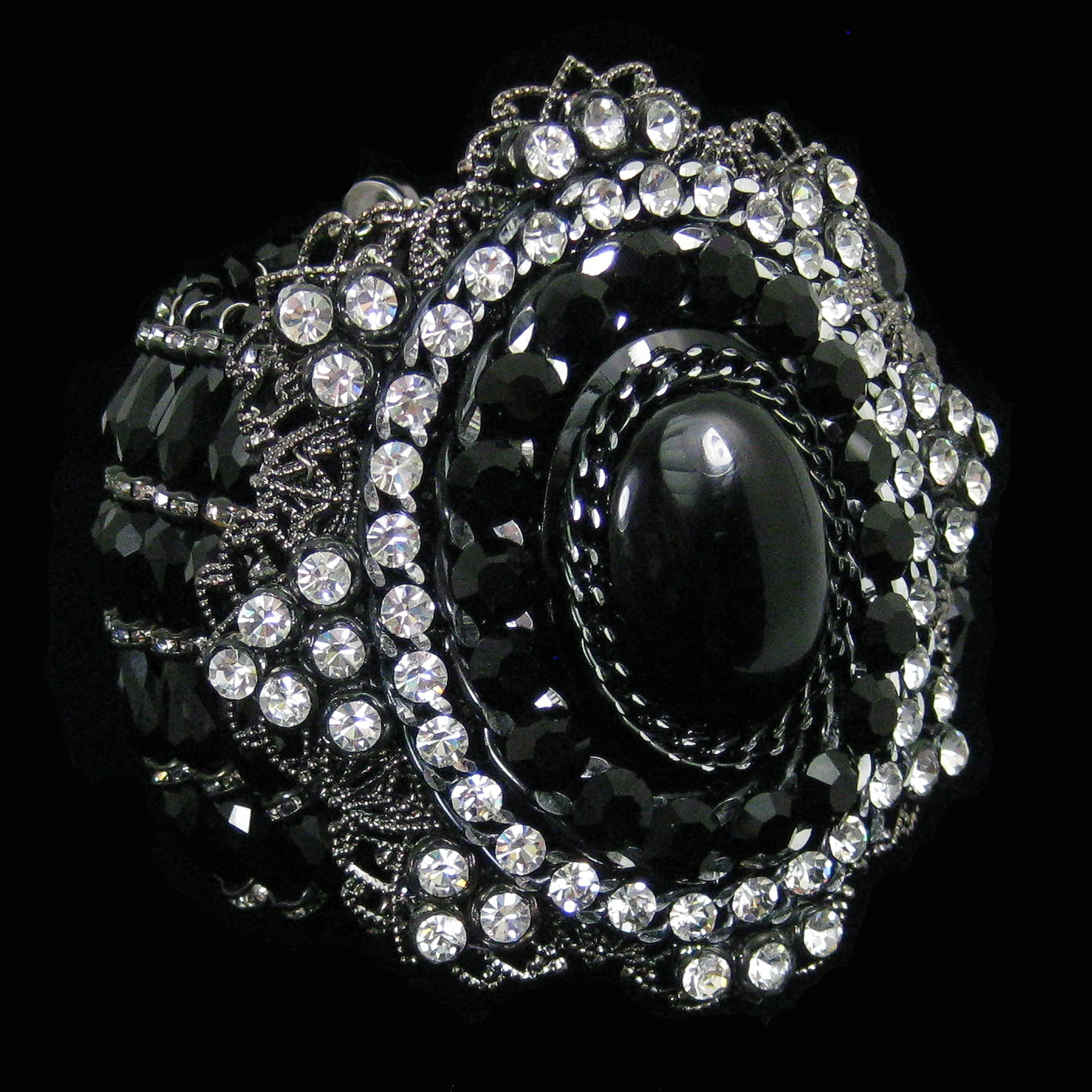 #1052b Jet Glass, Gunmetal Filigree & Rhinestone Cuff Bracelet