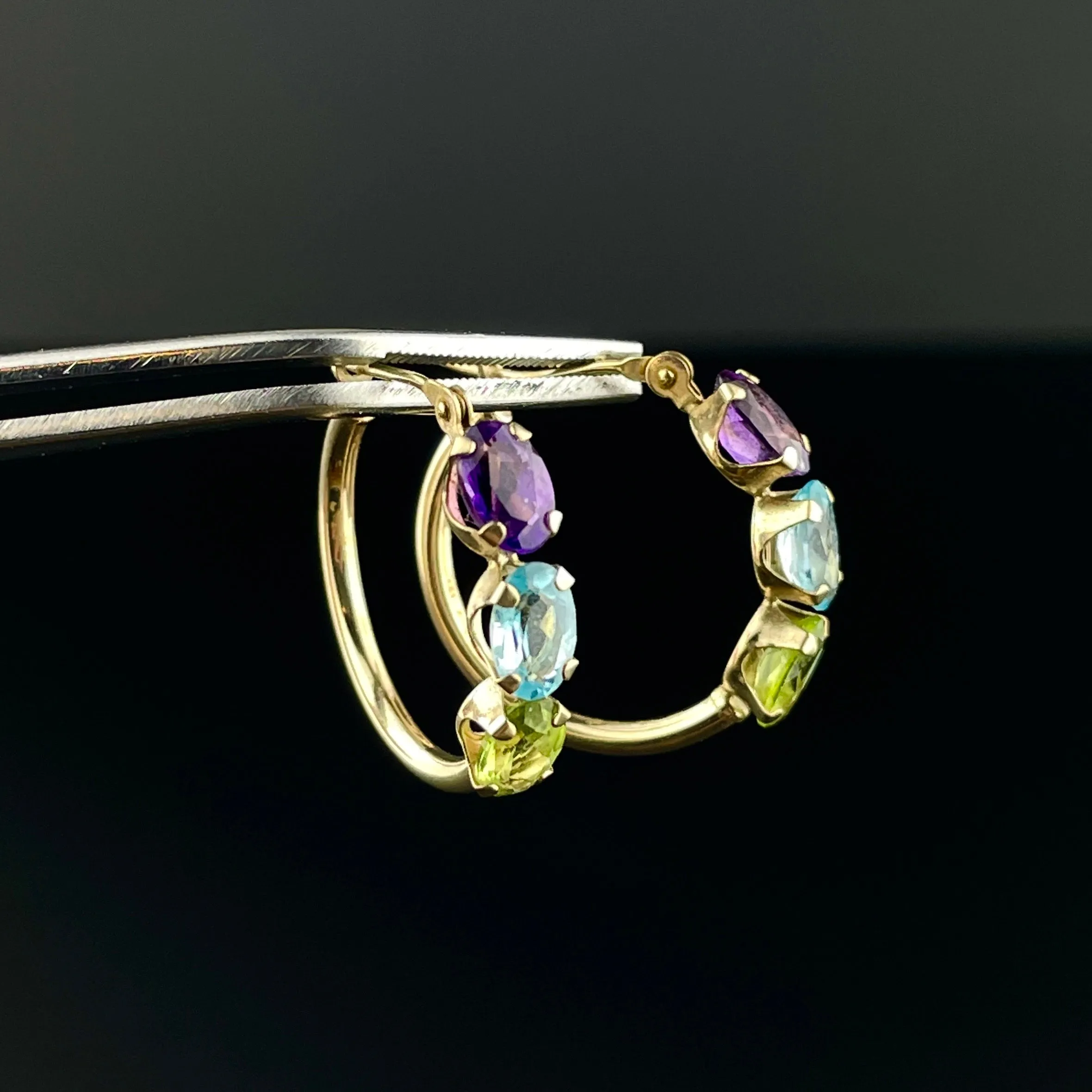 10K Gold Amethyst Peridot Blue Topaz Hoop Earrings