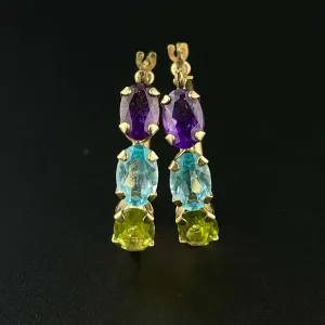 10K Gold Amethyst Peridot Blue Topaz Hoop Earrings