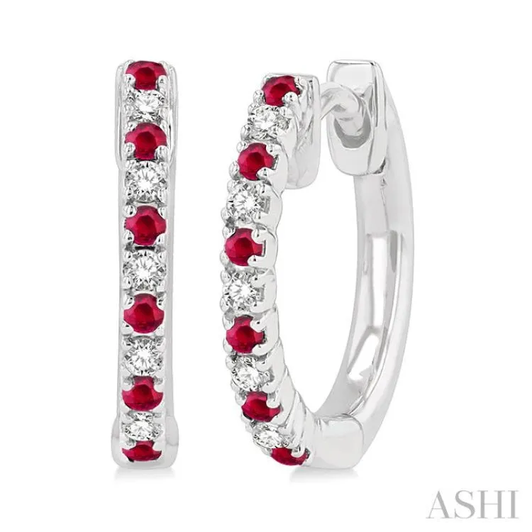 1/10 ctw Petite 1.35 MM Ruby and Round Cut Diamond Precious Fashion Huggies in 10K White Gold