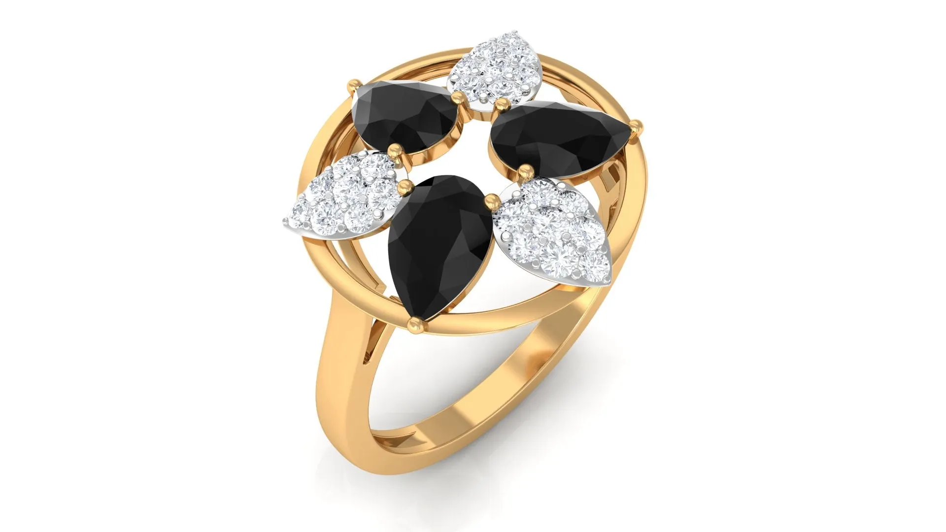 1.25 CT Black Spinel and Diamond Flower Cocktail Ring