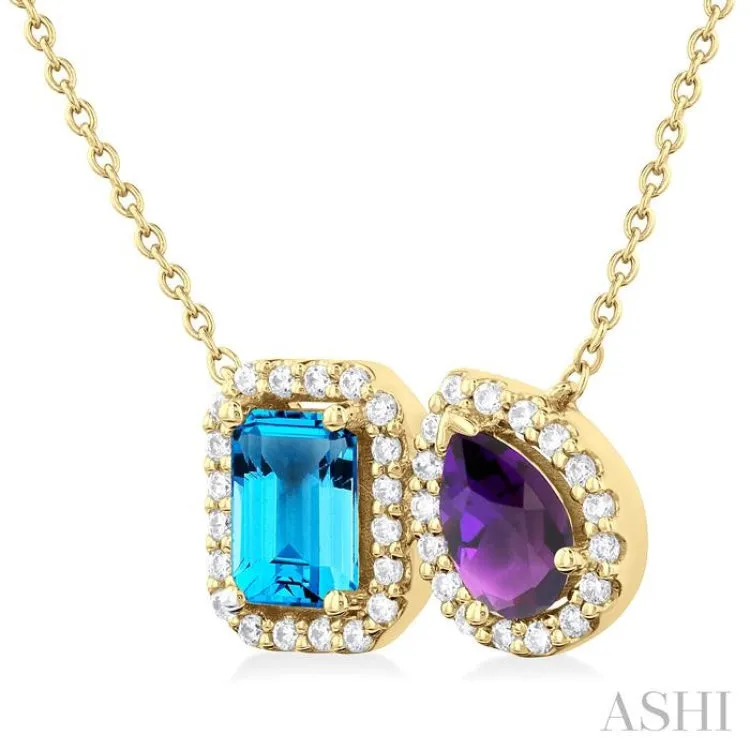 1/4 ctw Toi Et Moi 7X5MM Emerald Cut Blue Topaz & Pear Cut Amethyst and Round Cut Diamond Necklace in 14K Yellow Gold