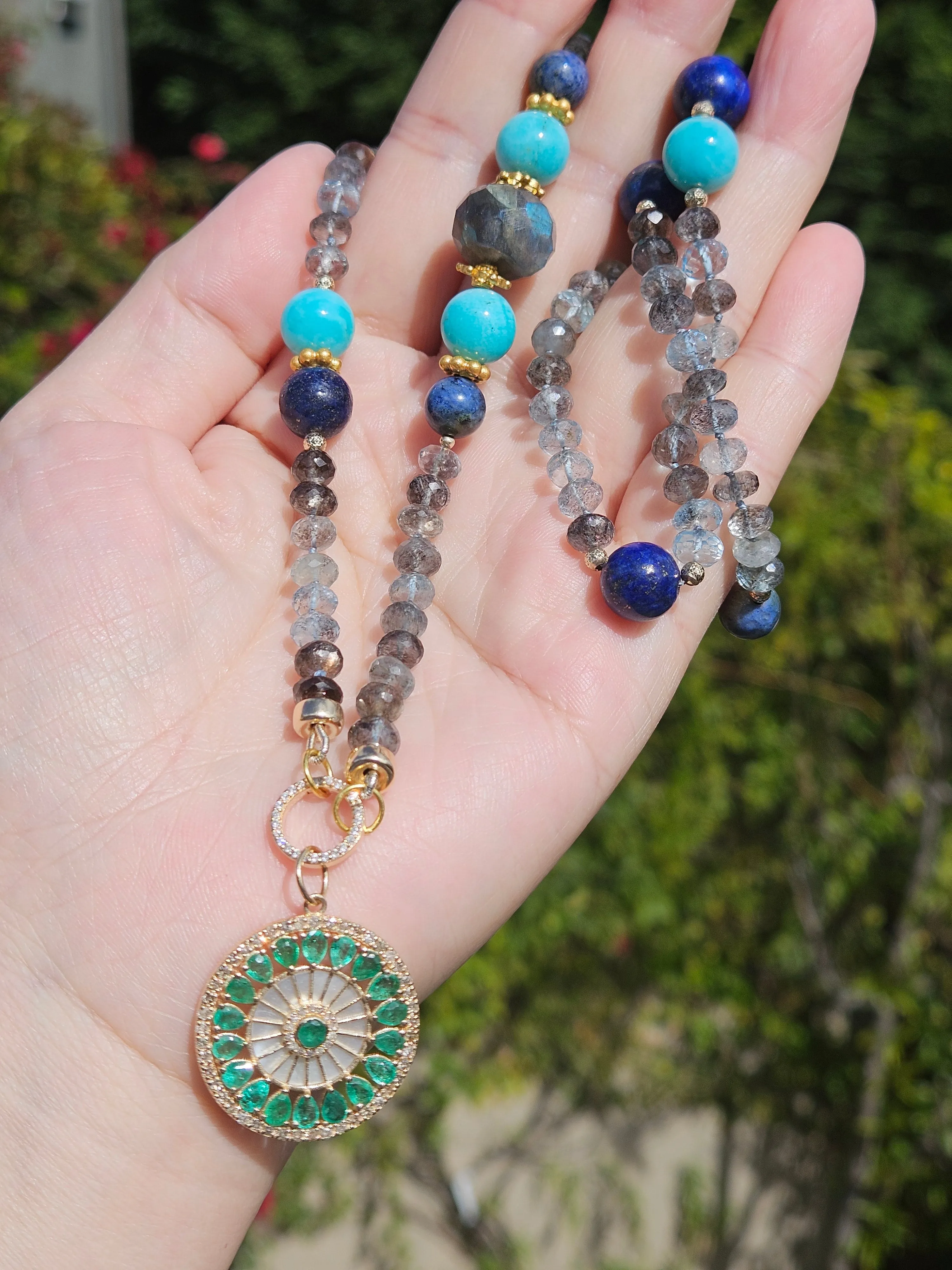 14k & 18k Solid Gold - Copper Aquamarine, Lapis, Amazonite, Labradorite and Sunset Dumortierite Multi Gemstone Open Loop Necklace 24"