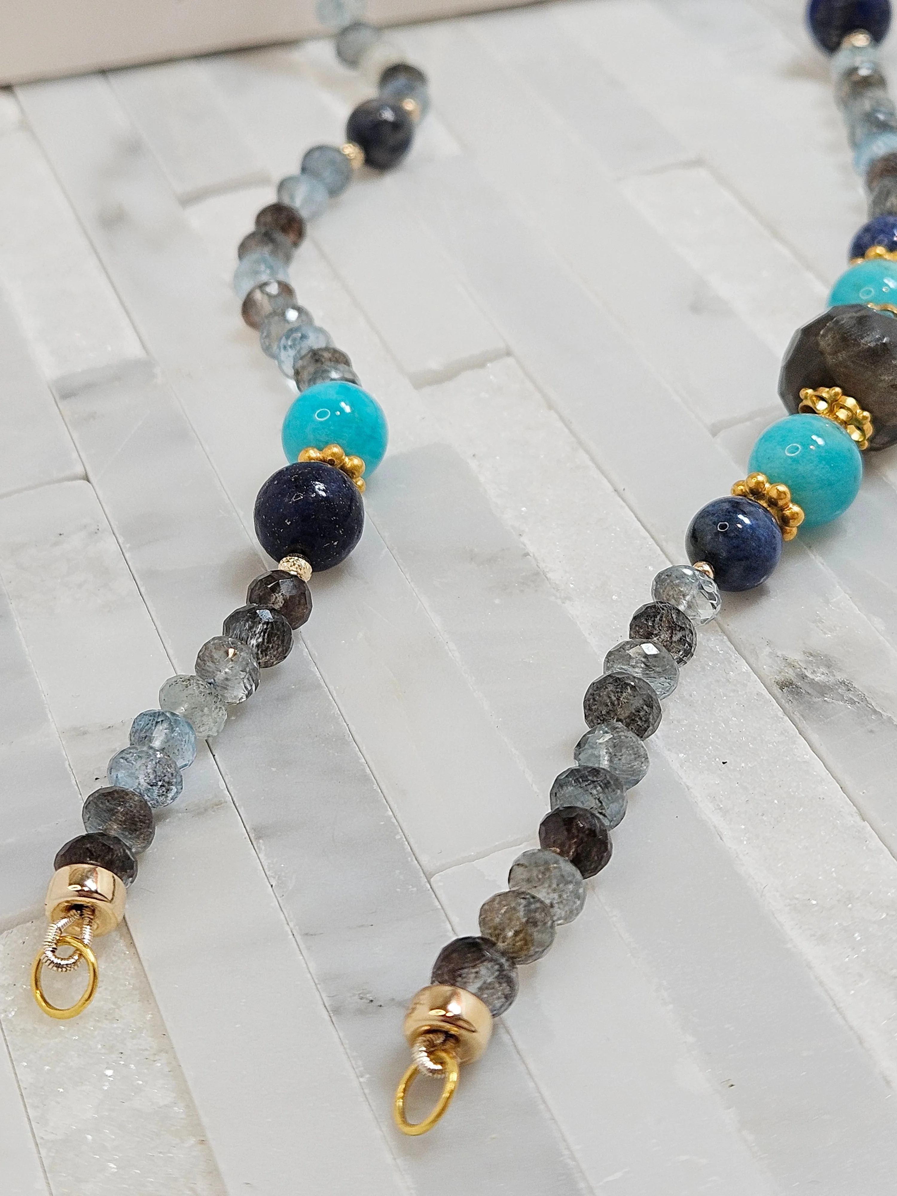 14k & 18k Solid Gold - Copper Aquamarine, Lapis, Amazonite, Labradorite and Sunset Dumortierite Multi Gemstone Open Loop Necklace 24"