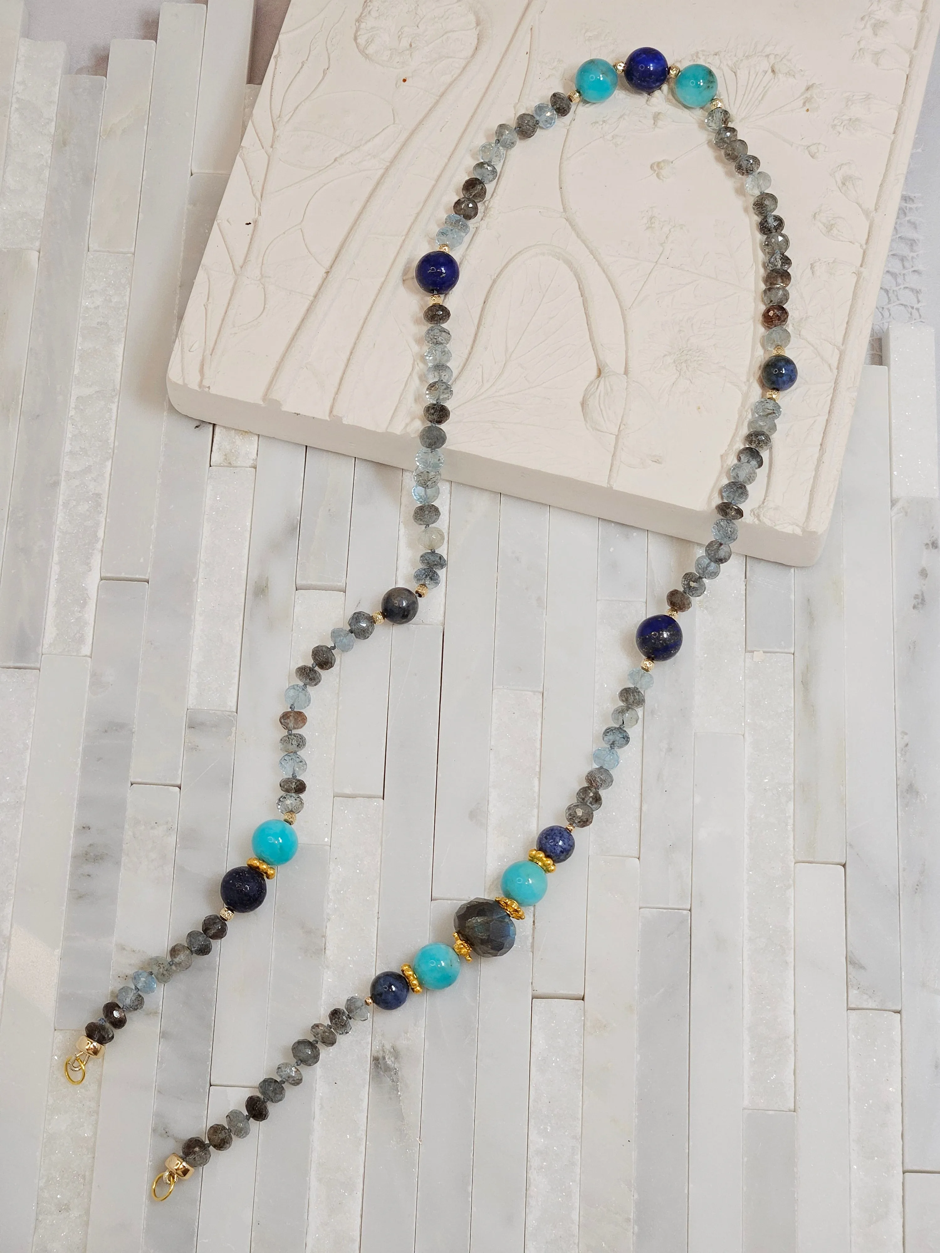 14k & 18k Solid Gold - Copper Aquamarine, Lapis, Amazonite, Labradorite and Sunset Dumortierite Multi Gemstone Open Loop Necklace 24"