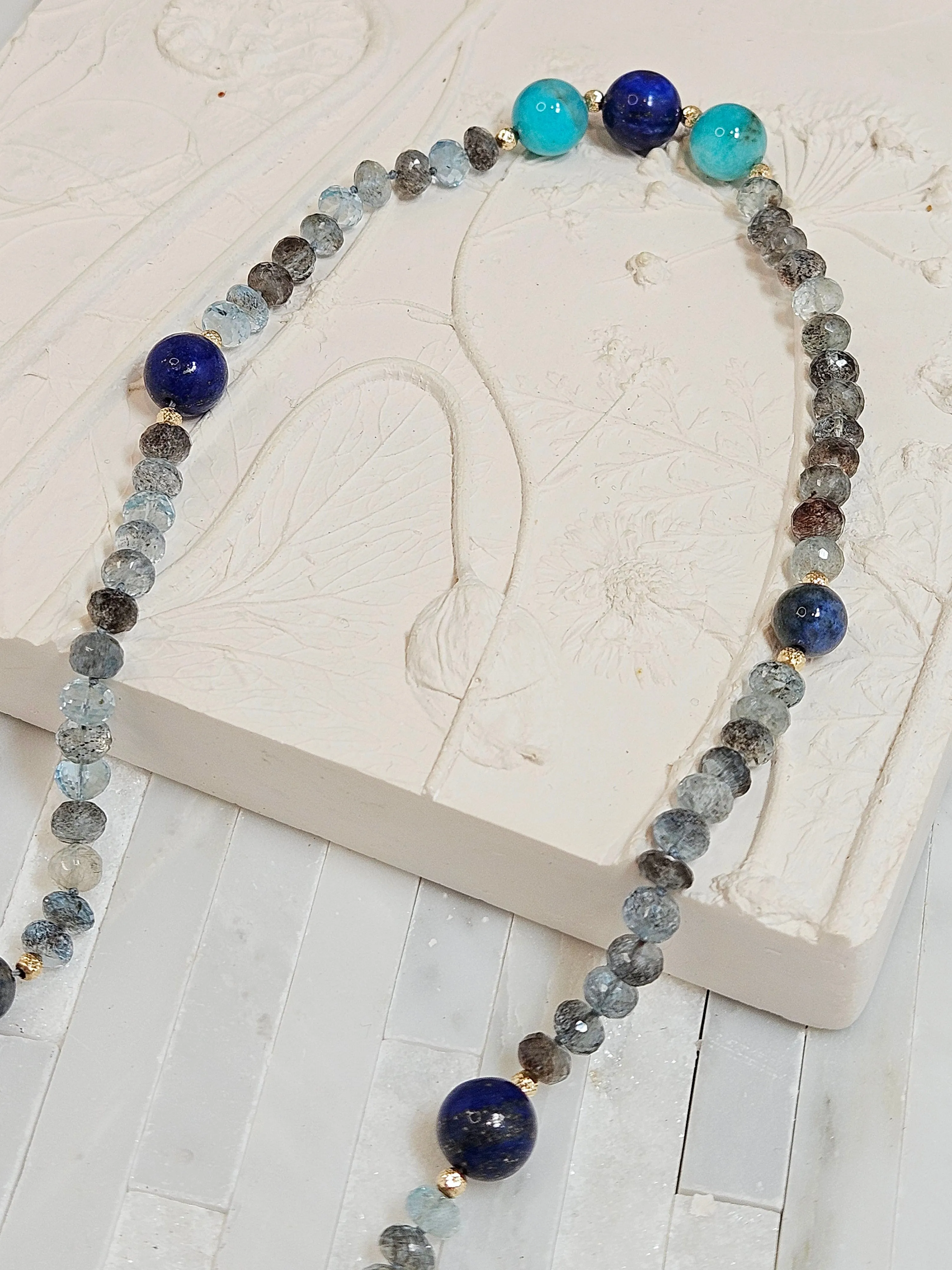 14k & 18k Solid Gold - Copper Aquamarine, Lapis, Amazonite, Labradorite and Sunset Dumortierite Multi Gemstone Open Loop Necklace 24"