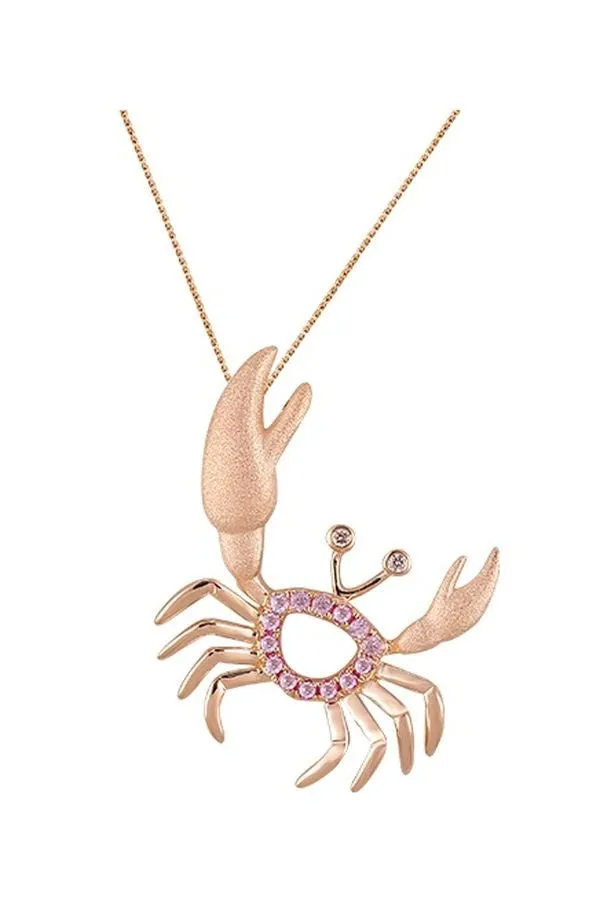 14k Rose Gold Crab Pendant with 2 Diamonds and 14 Pastel Pink Sapphires