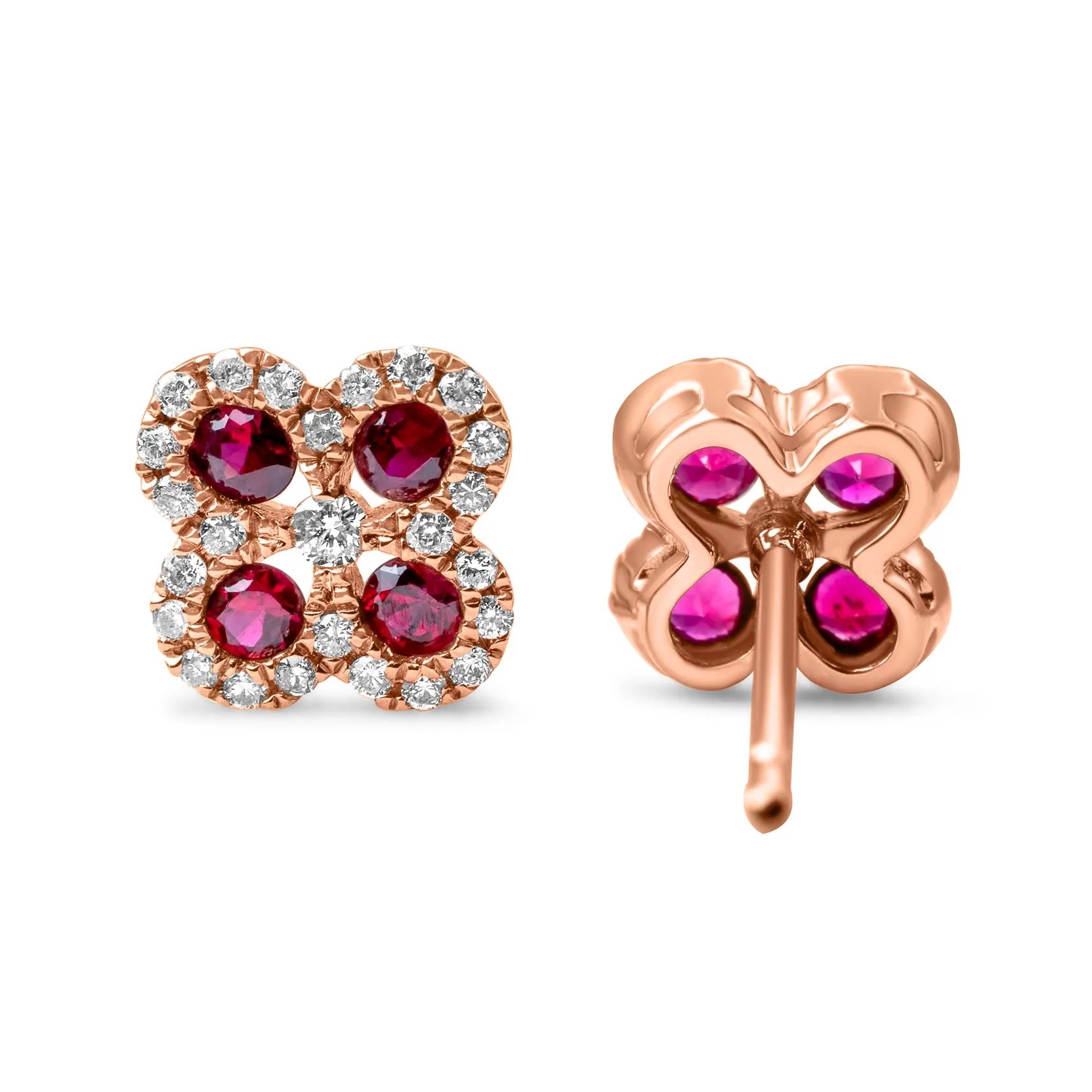 14k Rose Gold Diamond Ruby Flower Earrings