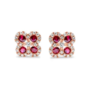 14k Rose Gold Diamond Ruby Flower Earrings