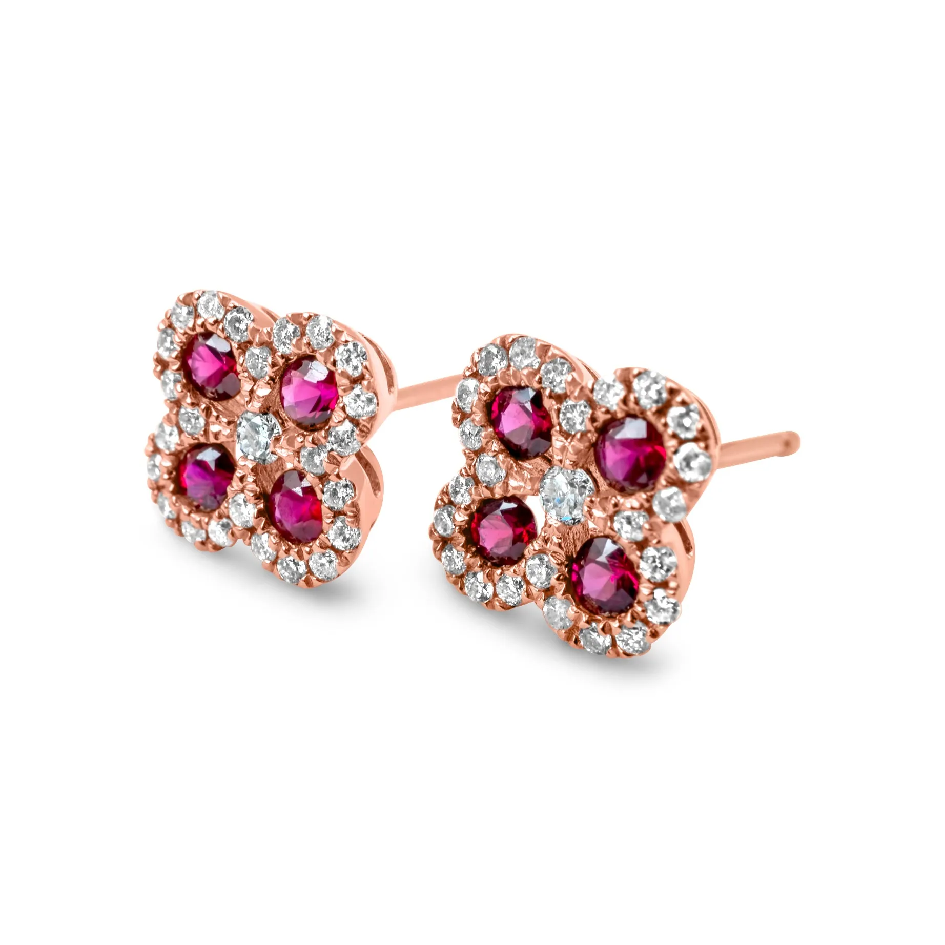 14k Rose Gold Diamond Ruby Flower Earrings