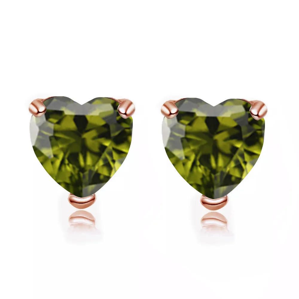 14k Rose Gold Plated 2 Carat Heart Created Peridot Stud Earrings