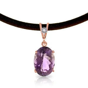 14K Solid Rose Gold & Leather Diamond/Purple Amethyst Oval Cut Necklace