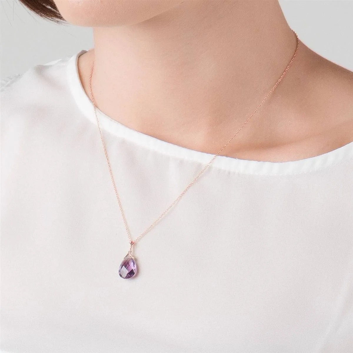 14K Solid Rose Gold Briolette Purple Amethyst Necklace Gemstone