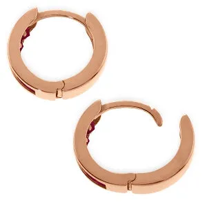 14K Solid Rose Gold Hoop Huggie Earrings w/ Rubies