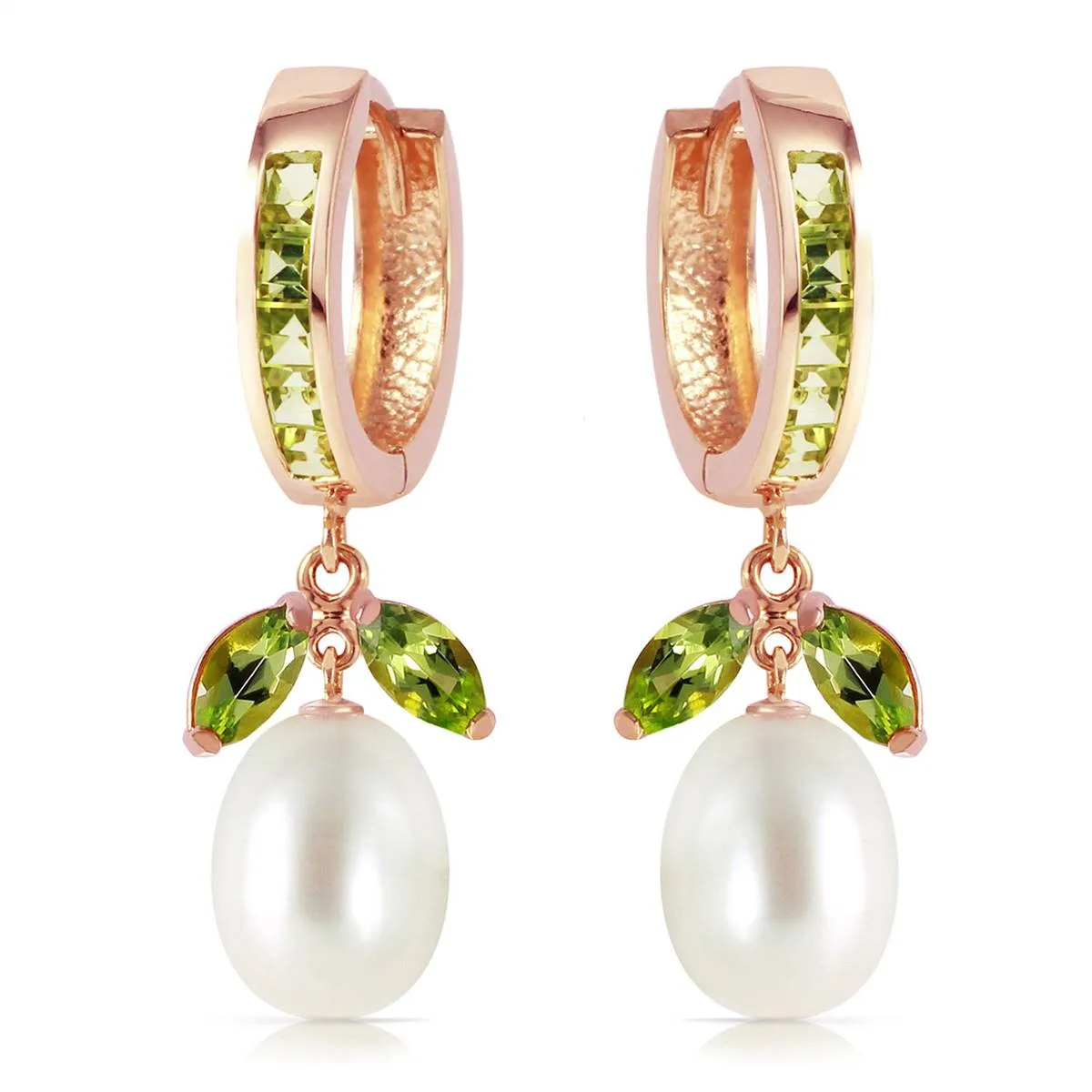 14K Solid Rose Gold Hoop Peridot & Pearl Earrings