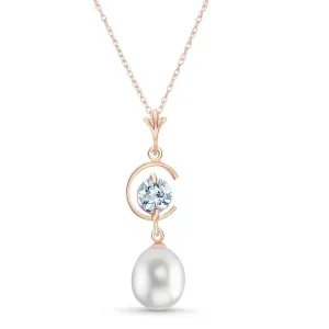 14K Solid Rose Gold Necklace w/ Natural Pearl & Aquamarine