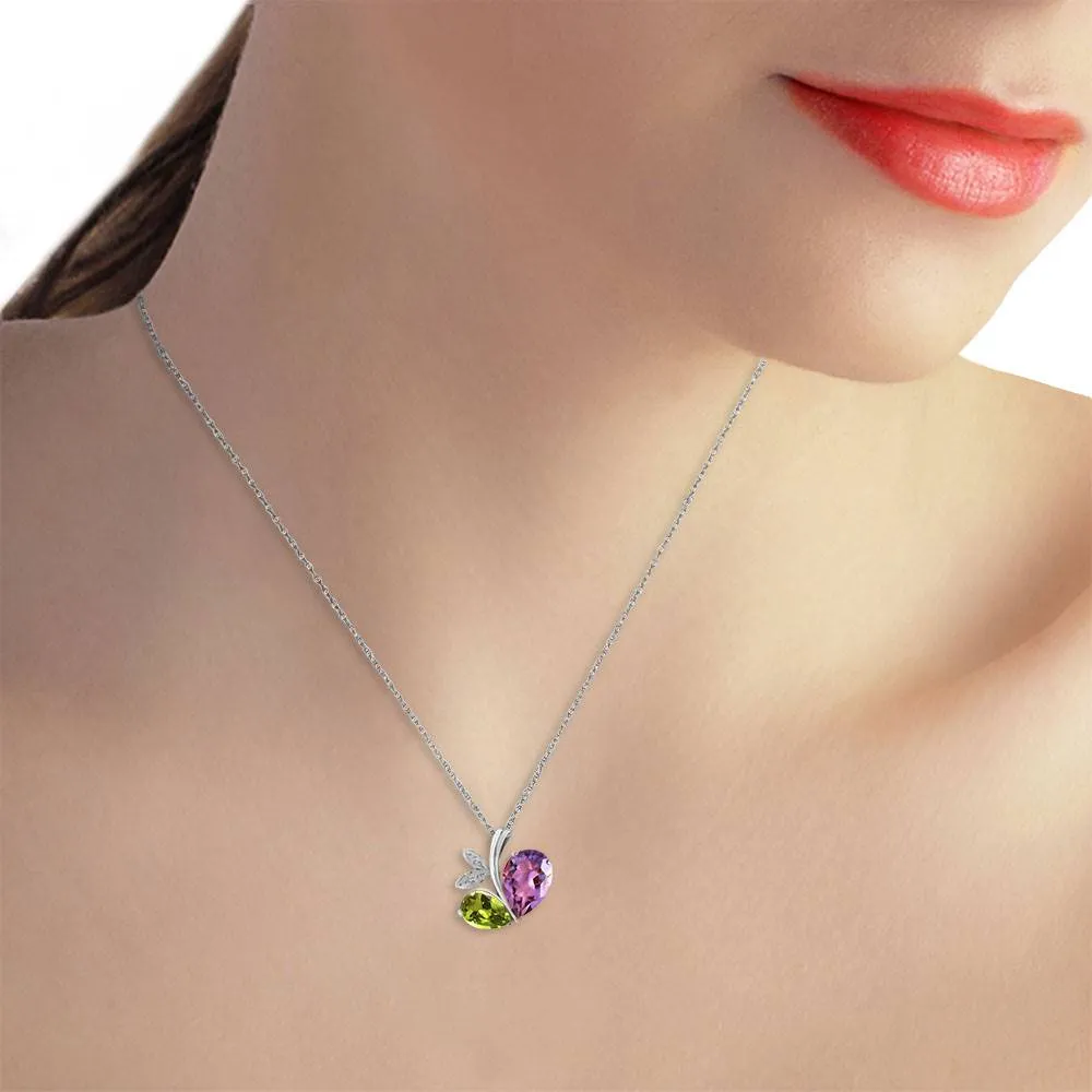 14K Solid White Gold Modern Heart Necklace Combination Of Amethyst, Peridot & Diamond