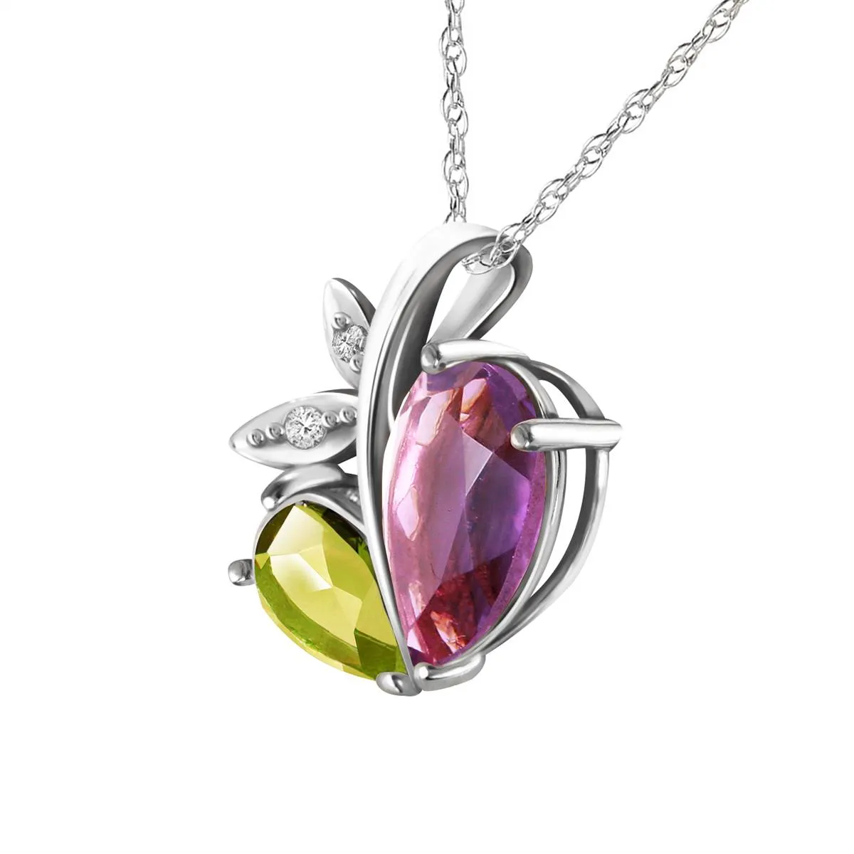 14K Solid White Gold Modern Heart Necklace Combination Of Amethyst, Peridot & Diamond