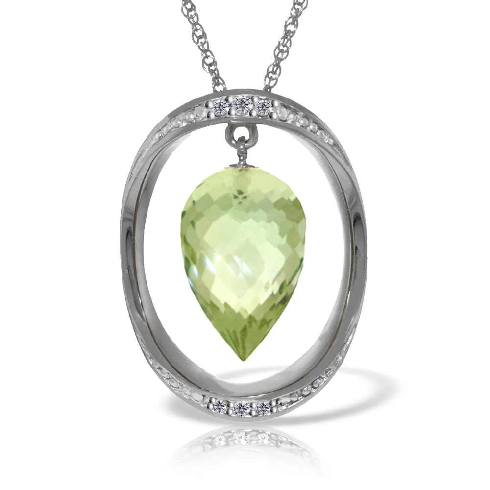 14K Solid White Gold Necklace w/ Diamonds & Briolette Pointy Drop Green Amethyst