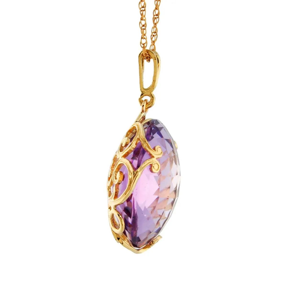 14K Solid Yellow Gold Checkerboard Cut Purple Amethyst Necklace