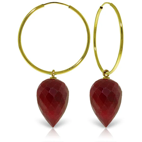 14K Solid Yellow Gold Hoop Earrings w/ Pointy Briolette Drop Dyed Rubies