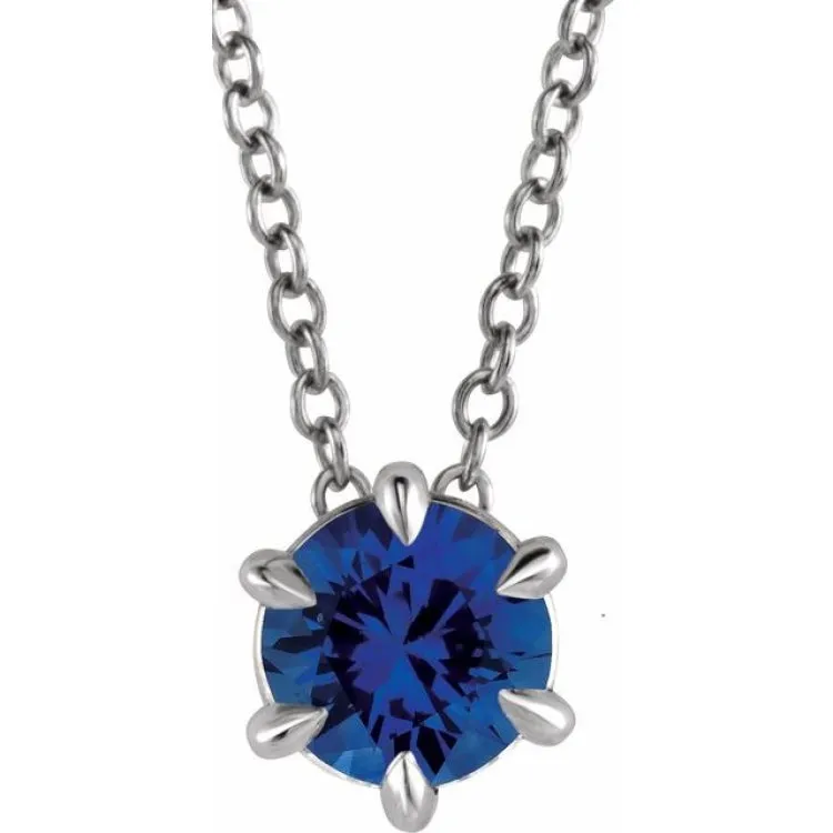 14K White 6 mm Lab-Grown Blue Sapphire Solitaire 16-18" Necklace