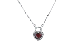 14K White Gold Diamond And Garnet Heart Lock Necklace