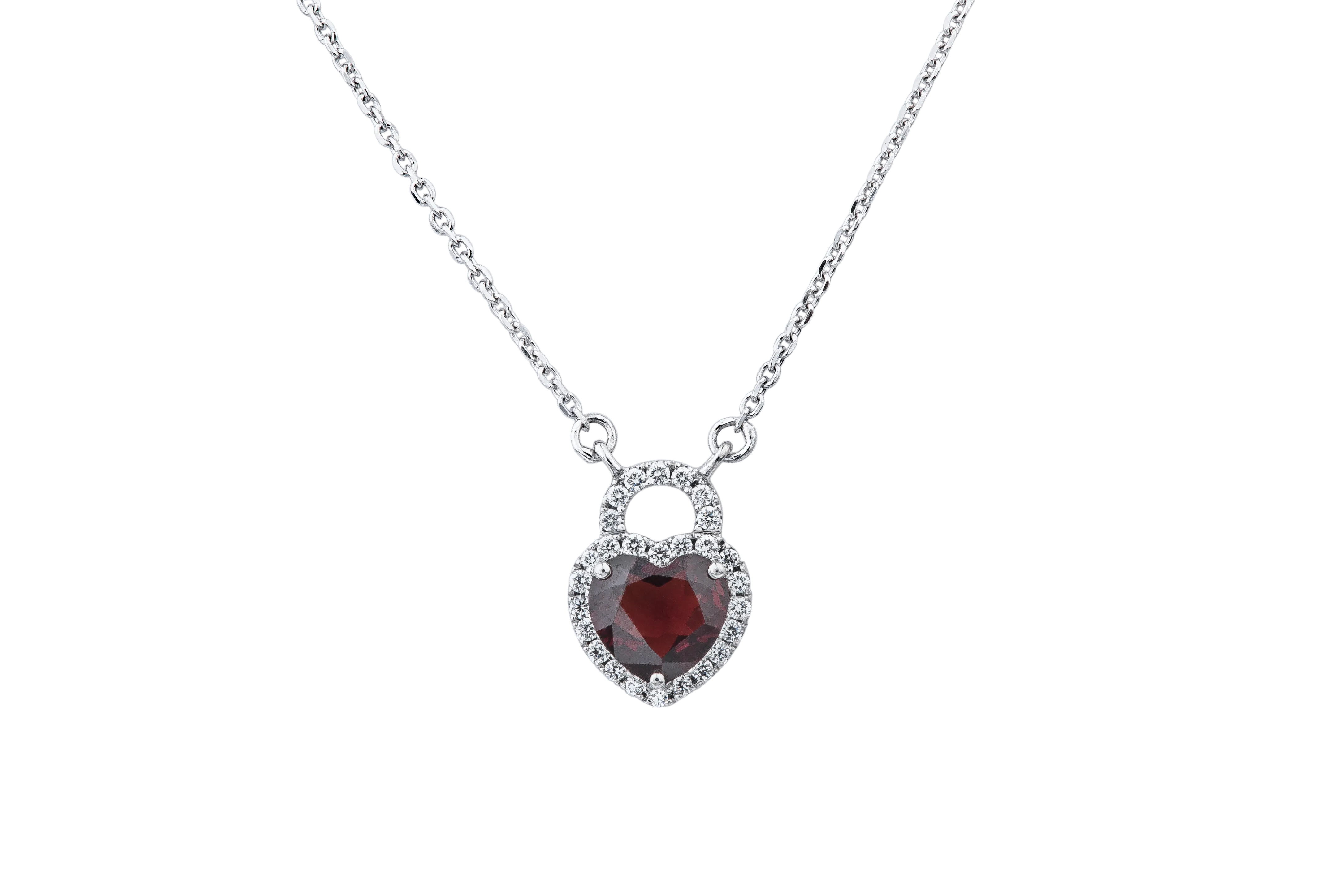 14K White Gold Diamond And Garnet Heart Lock Necklace