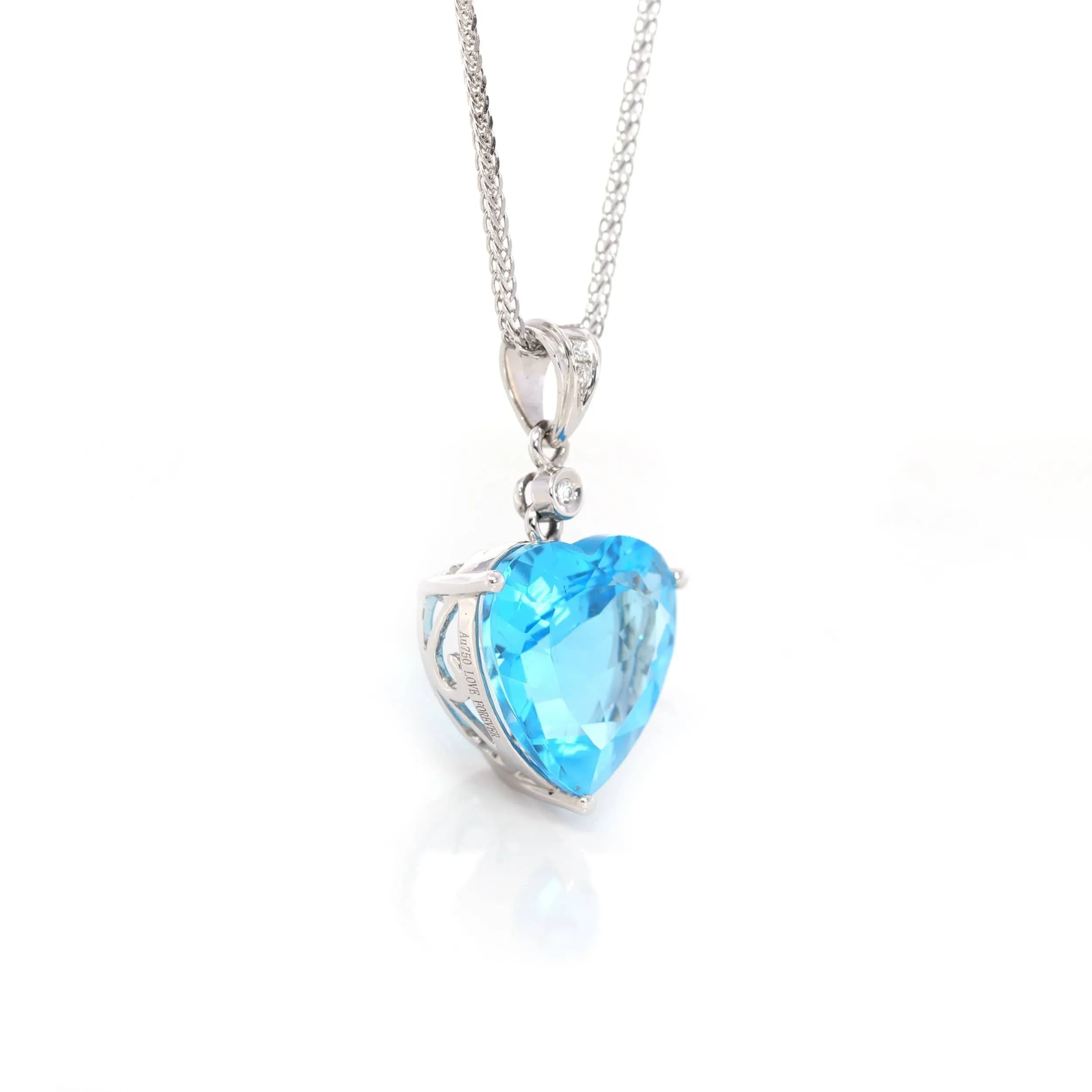 14k White Gold Genuine Swiss Blue Topaz & Diamonds Pendant Necklace