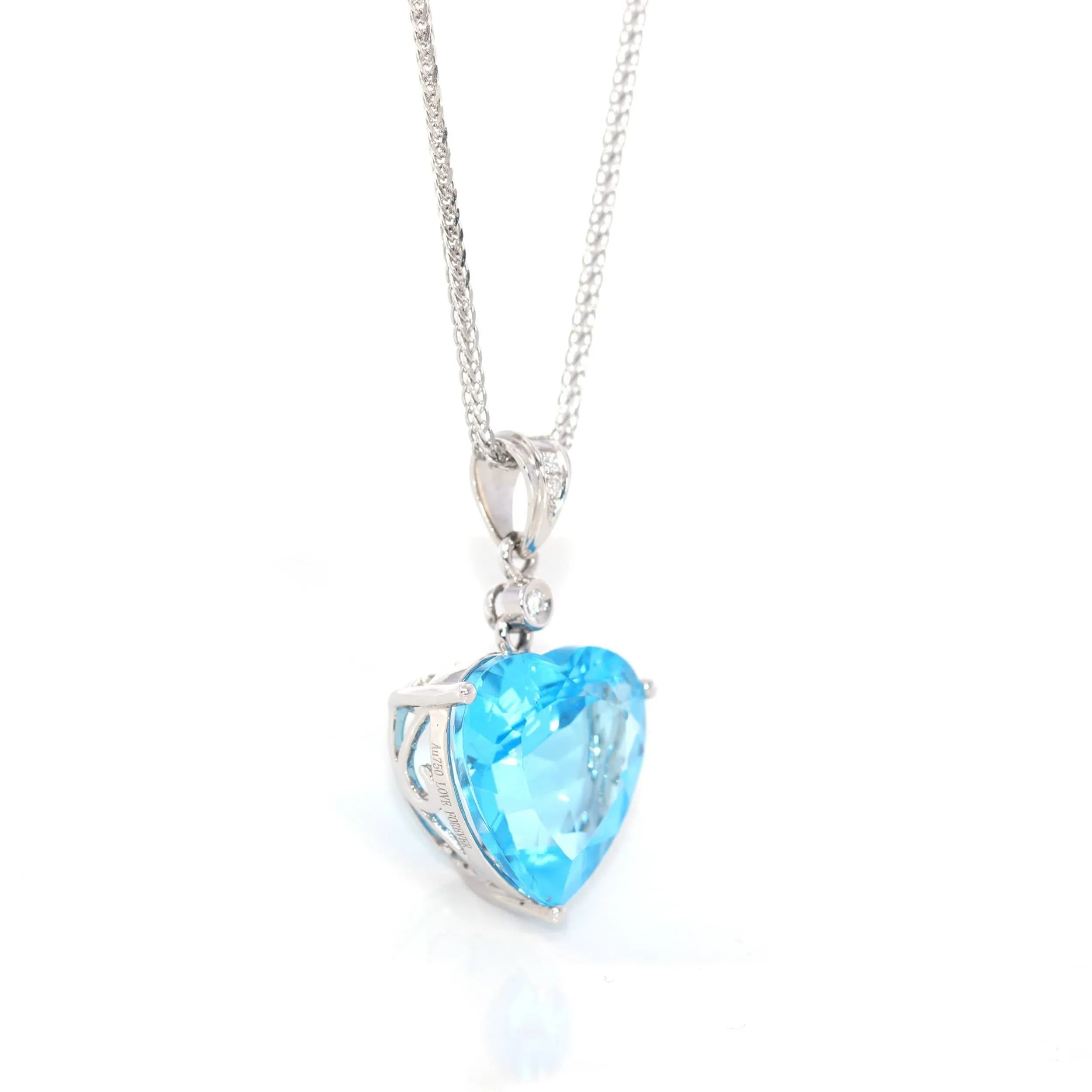 14k White Gold Genuine Swiss Blue Topaz & Diamonds Pendant Necklace