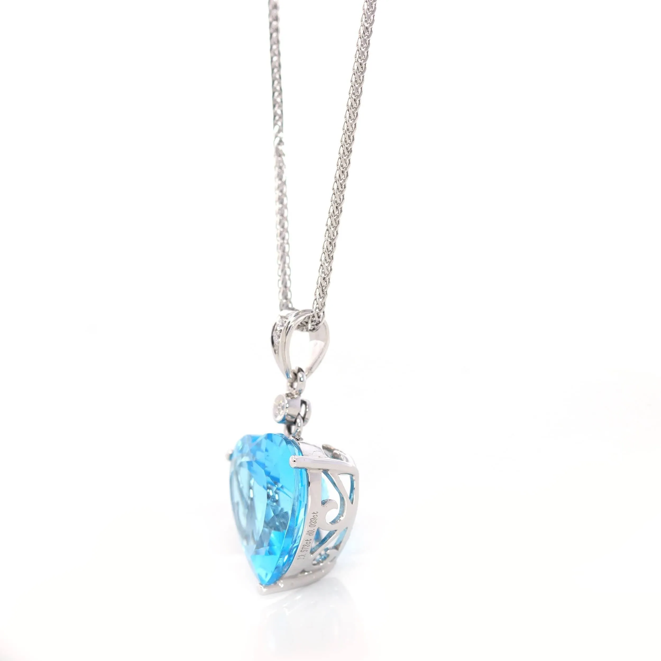 14k White Gold Genuine Swiss Blue Topaz & Diamonds Pendant Necklace