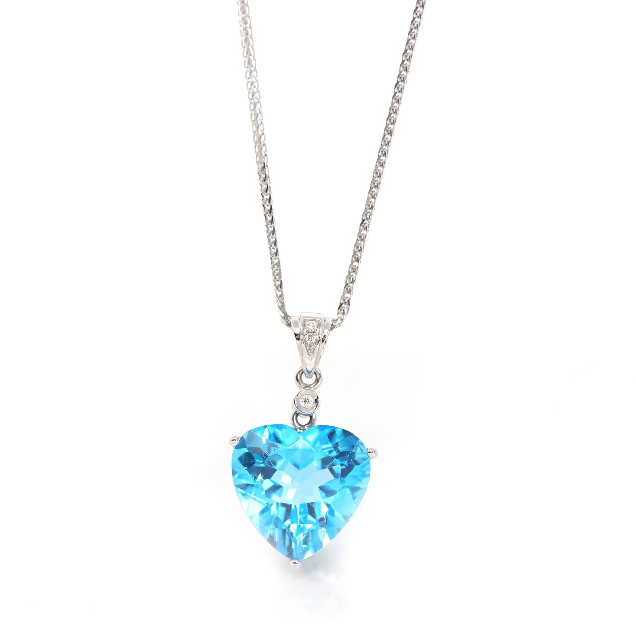 14k White Gold Genuine Swiss Blue Topaz & Diamonds Pendant Necklace