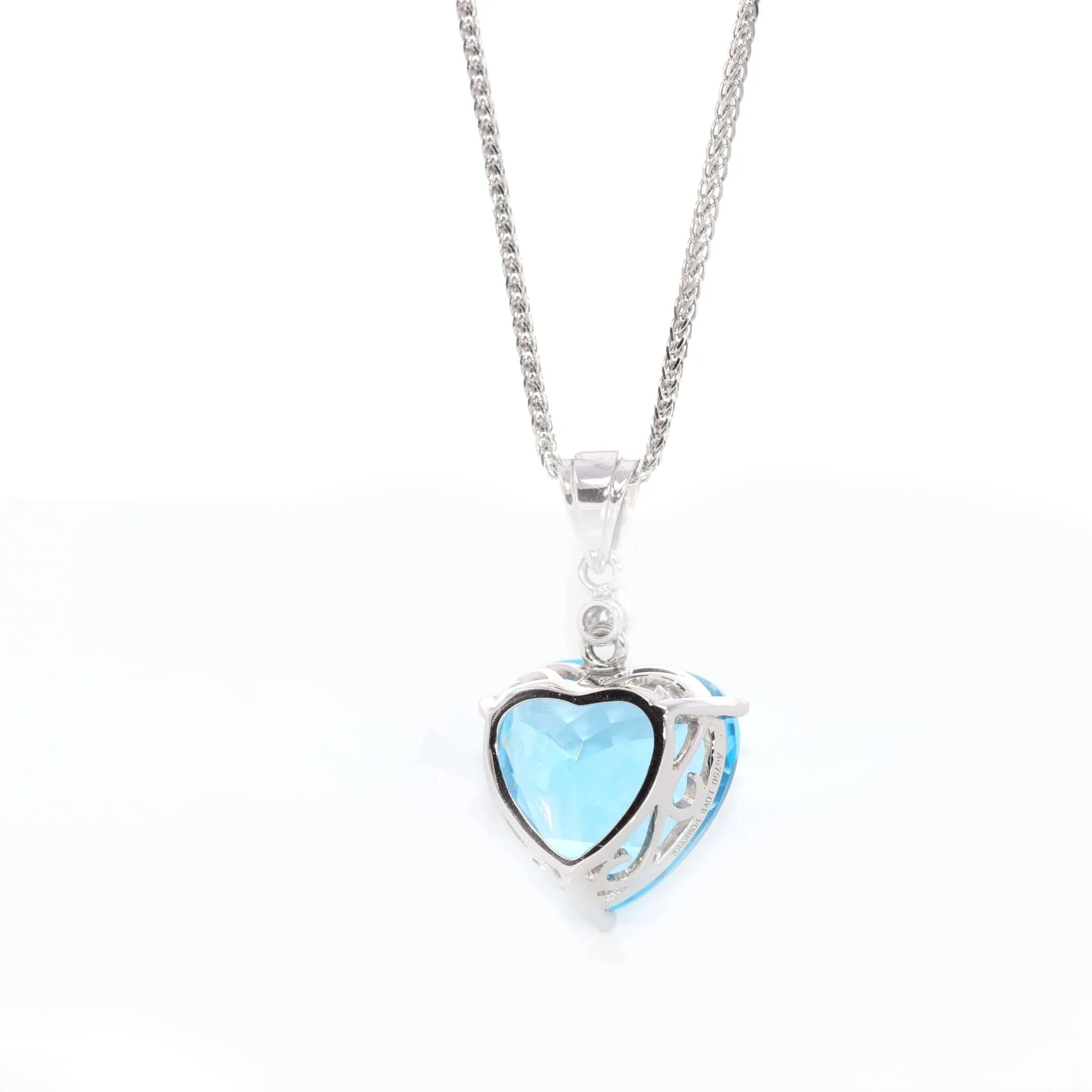 14k White Gold Genuine Swiss Blue Topaz & Diamonds Pendant Necklace