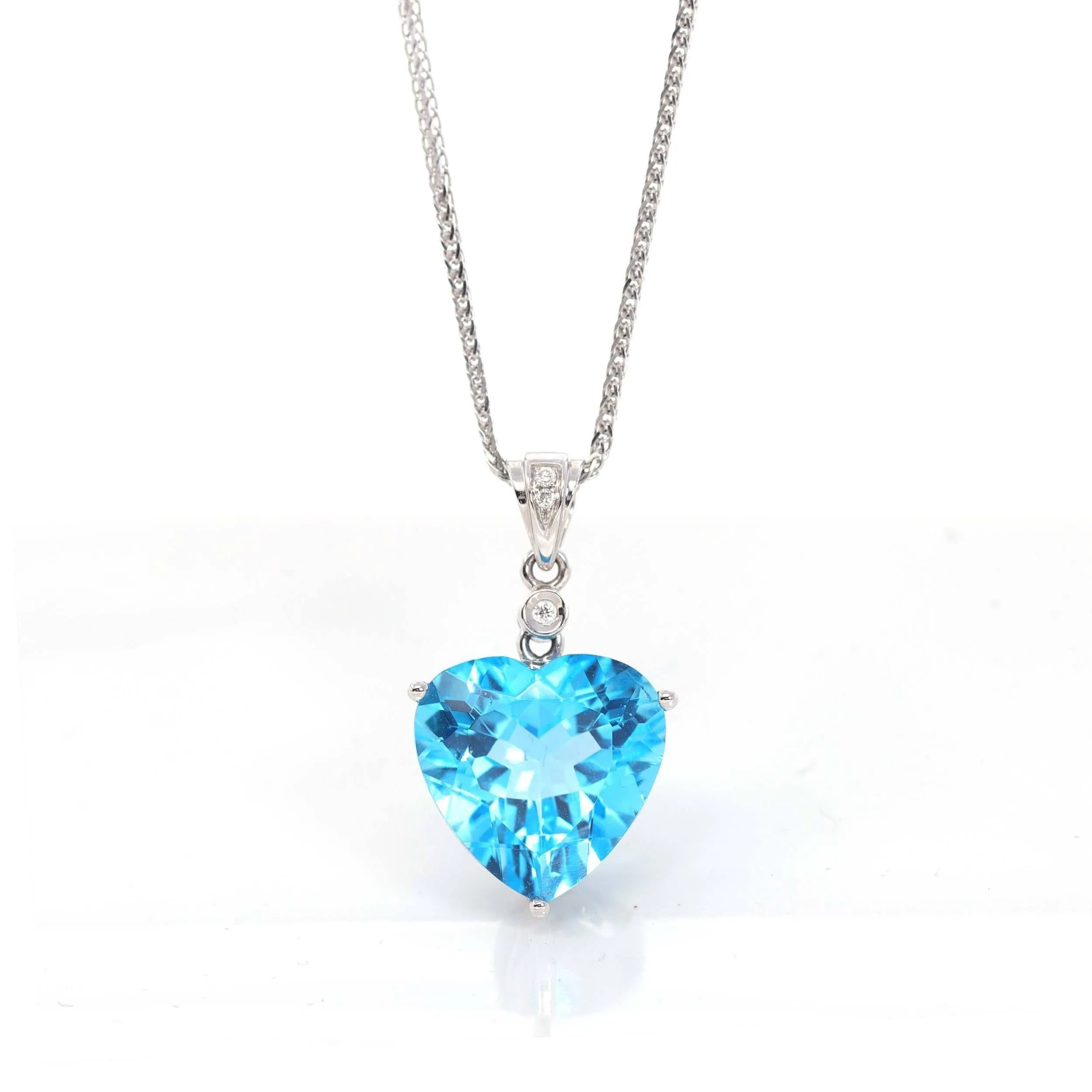 14k White Gold Genuine Swiss Blue Topaz & Diamonds Pendant Necklace