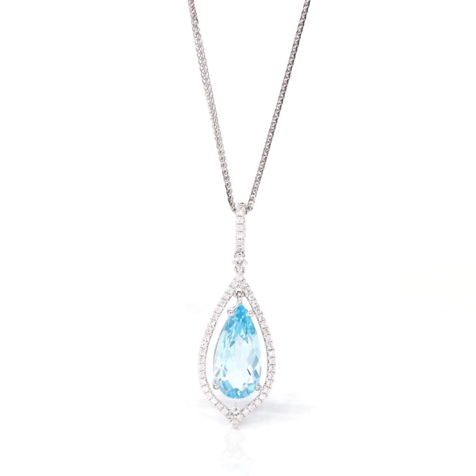 14k White Gold Natural Swiss Blue Topaz Tear Drop Necklace With Diamonds