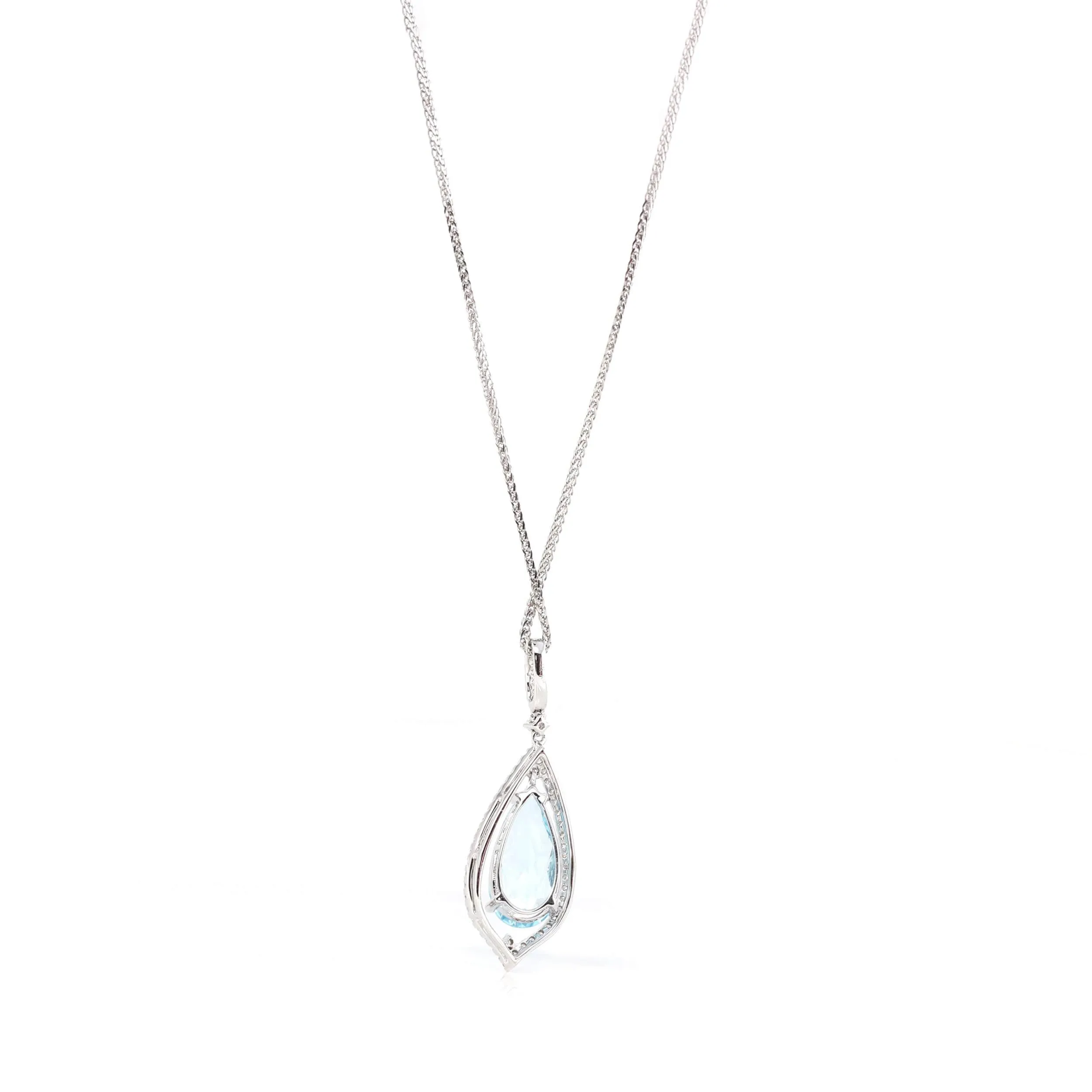 14k White Gold Natural Swiss Blue Topaz Tear Drop Necklace With Diamonds