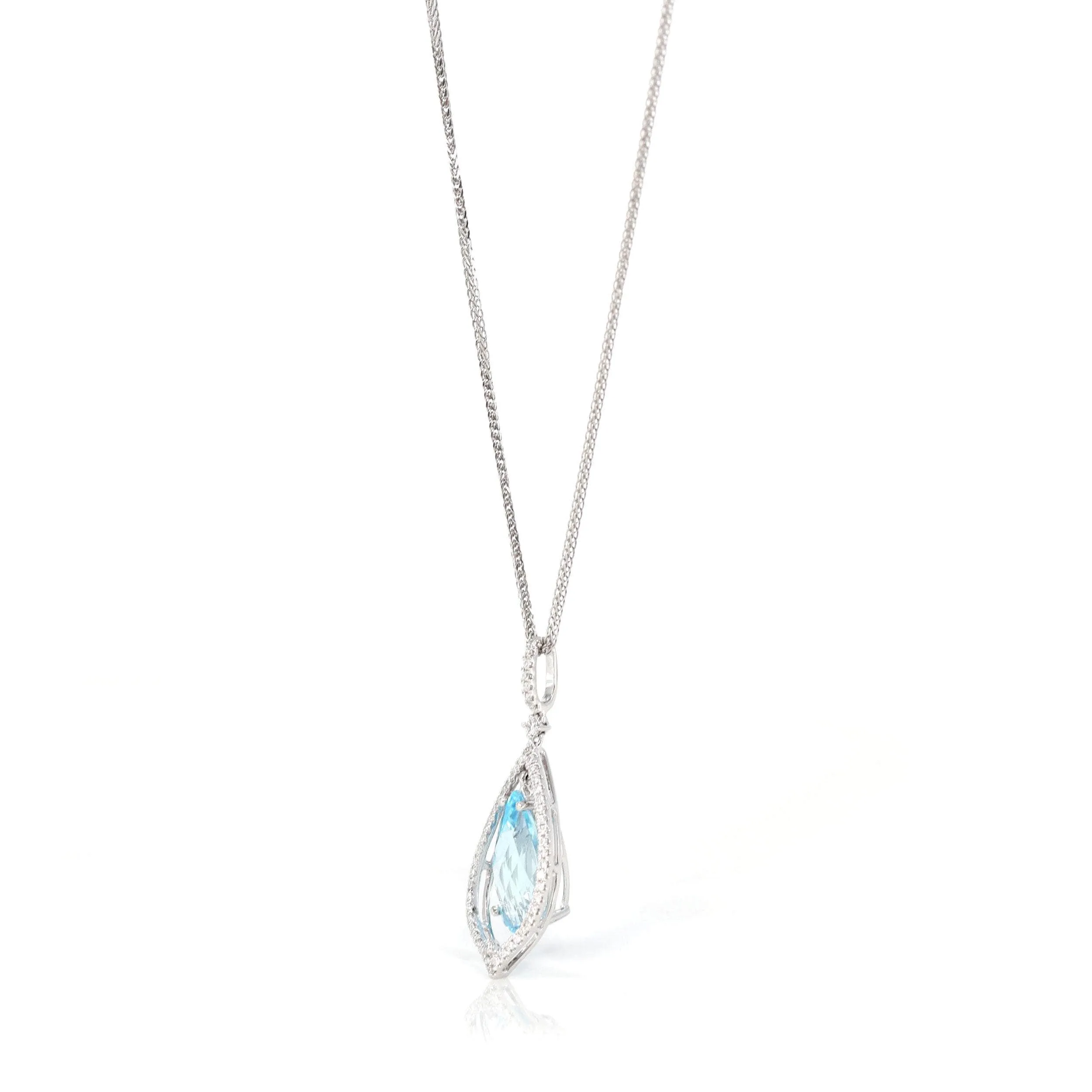 14k White Gold Natural Swiss Blue Topaz Tear Drop Necklace With Diamonds