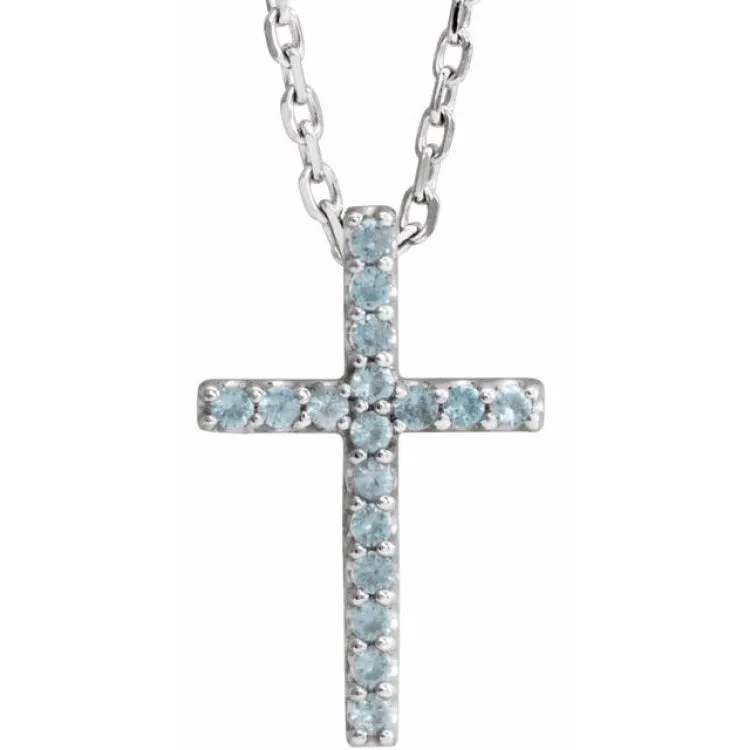 14K White Natural Swiss Blue Topaz Petite Cross 16" Necklace