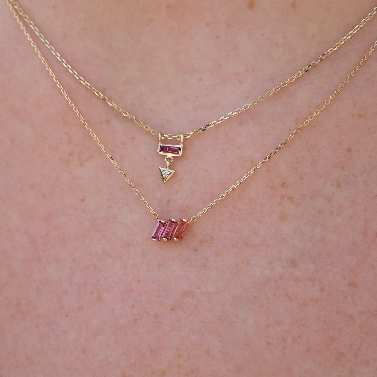 14k Yellow Gold Mixed Pink Baguette Bar Necklace