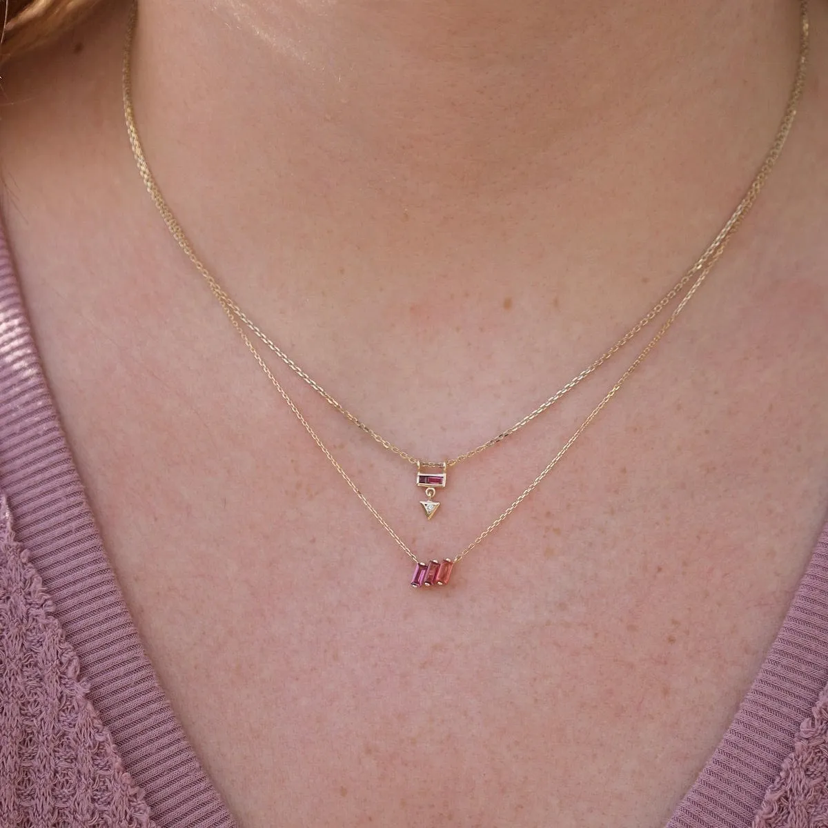 14k Yellow Gold Mixed Pink Baguette Bar Necklace