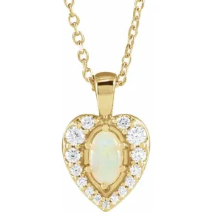 14K Yellow Gold Natural White Opal Cabochon & 1/8 CTW Natural Diamond 16-18" Necklace