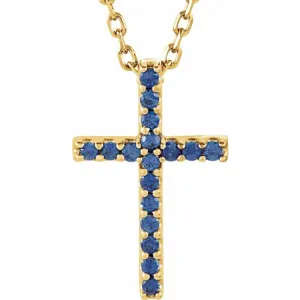 14K Yellow Natural Blue Sapphire Petite Cross 16" Necklace