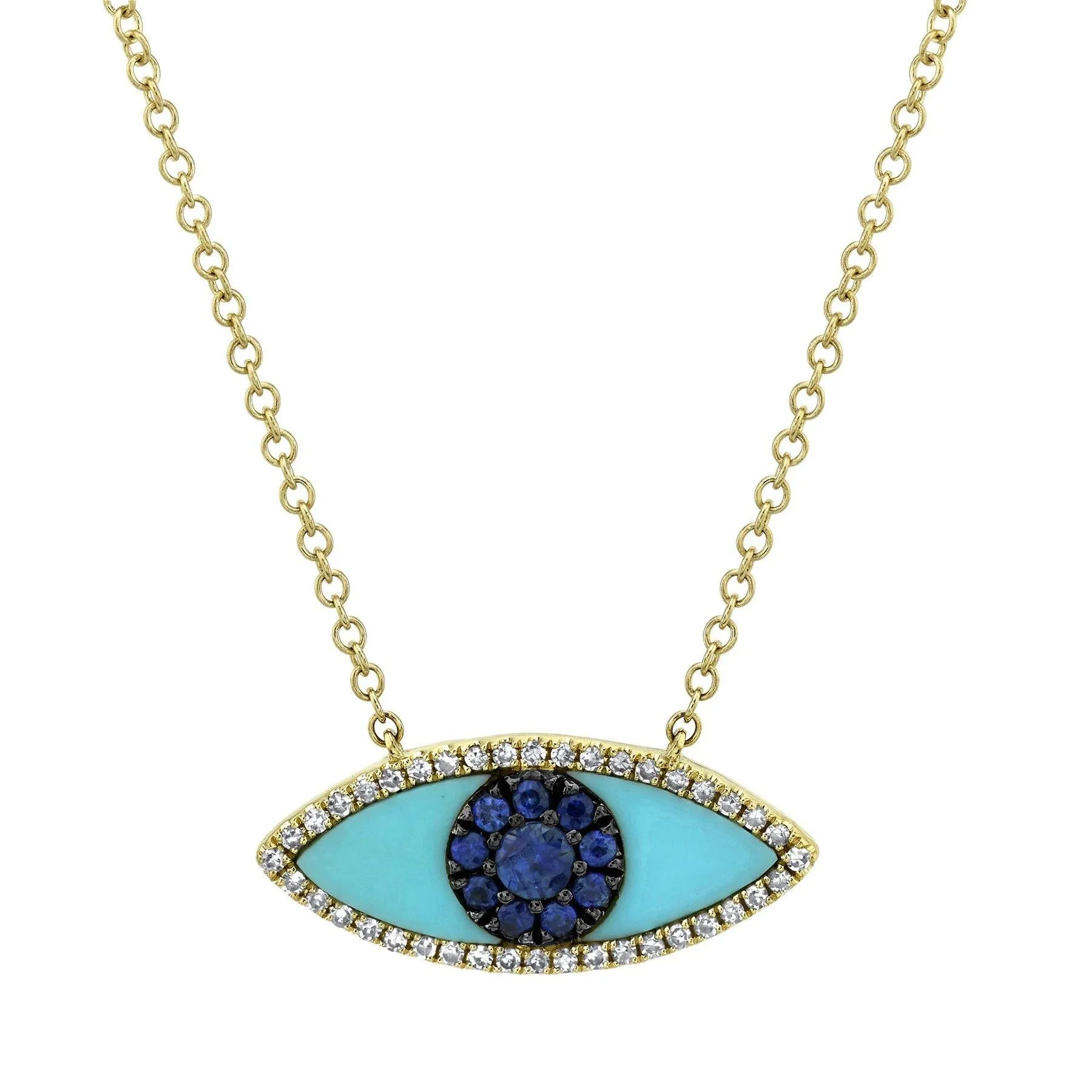 14KT GOLD 0.74 CTW BLUE SAPPHIRE, DIAMOND & COMPOSITE TURQUOISE EYE NECKLACE