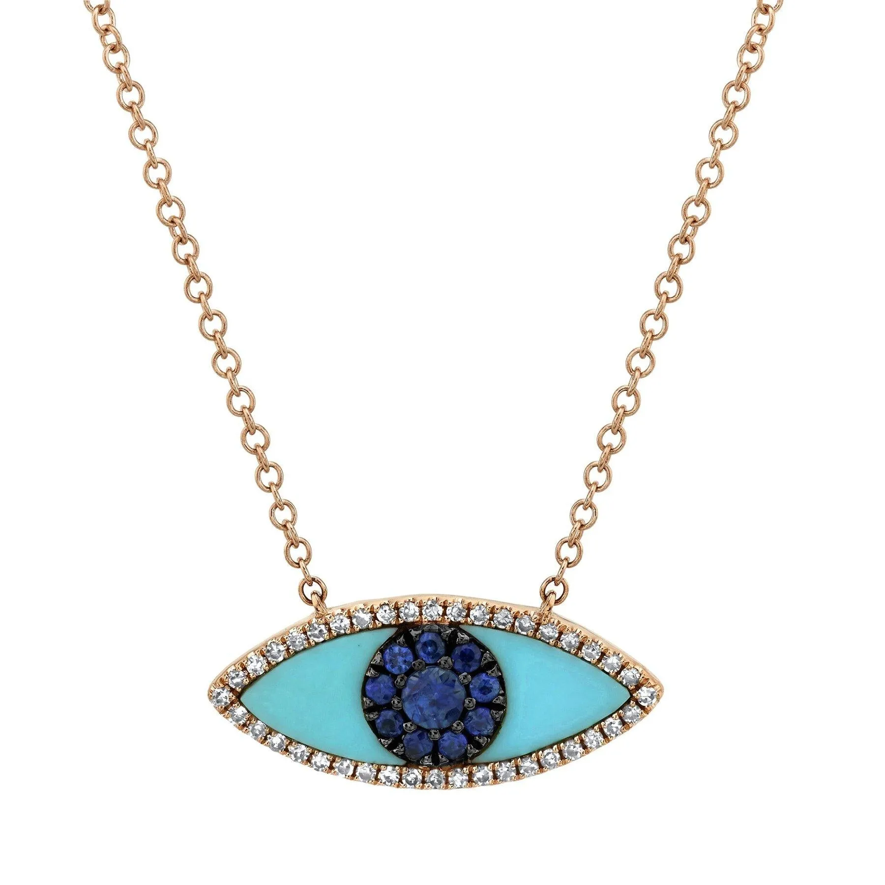 14KT GOLD 0.74 CTW BLUE SAPPHIRE, DIAMOND & COMPOSITE TURQUOISE EYE NECKLACE