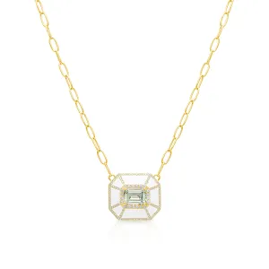 14KT Yellow Gold Green Amethyst White Enamel Diamond Deco Necklace