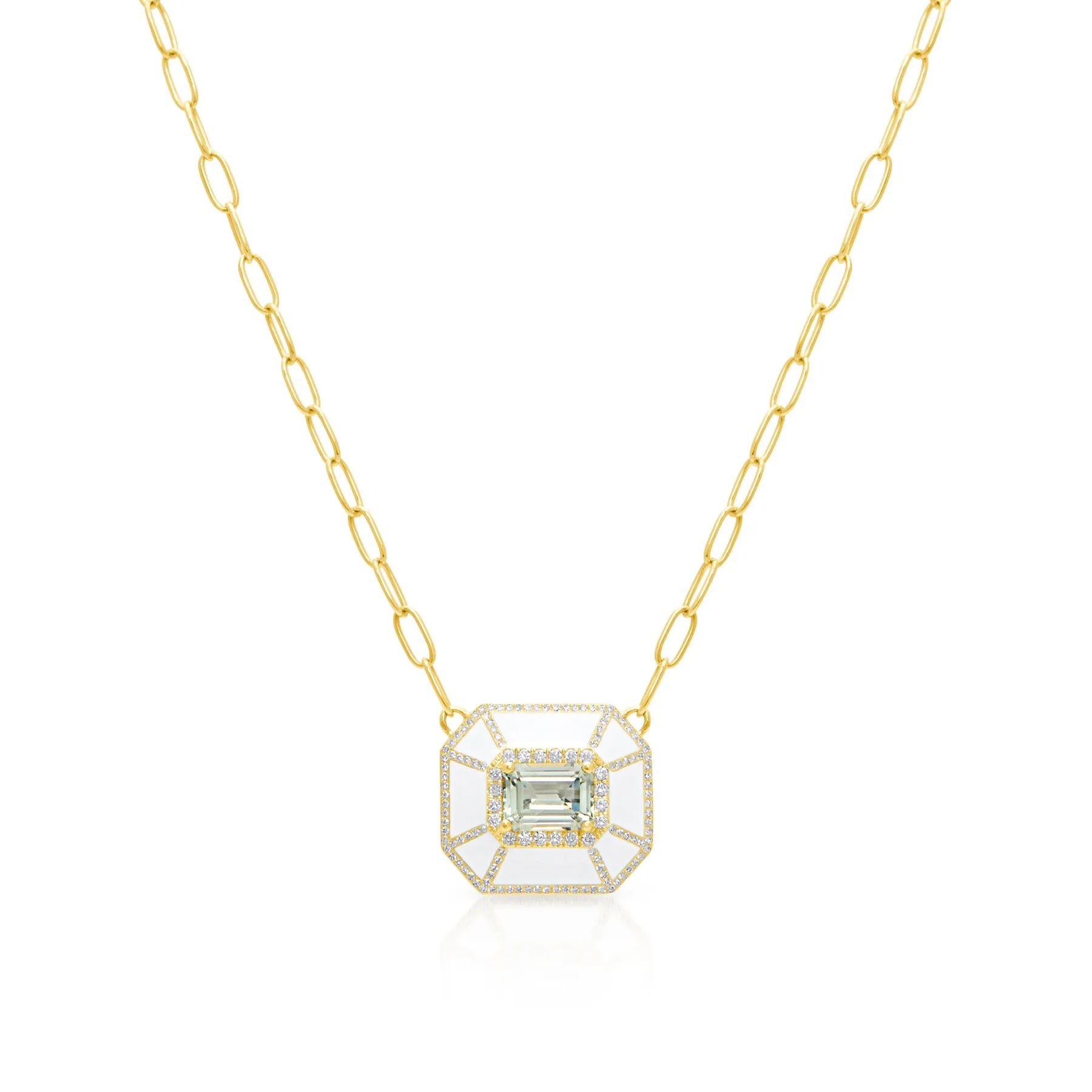 14KT Yellow Gold Green Amethyst White Enamel Diamond Deco Necklace