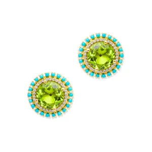 14KT Yellow Gold Peridot Turquoise Diamond Kai Stud Earrings