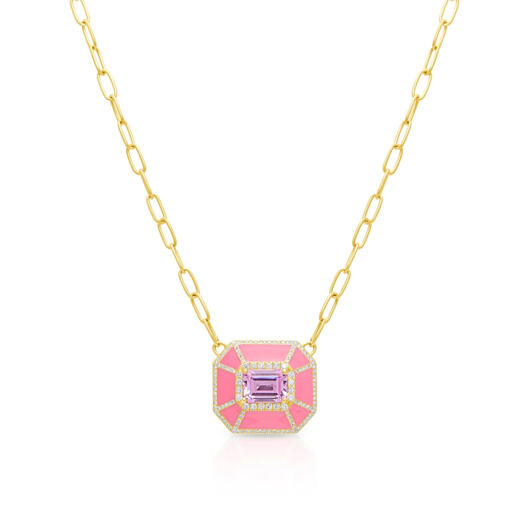 14KT Yellow Gold Pink Topaz Pink Enamel Diamond Deco Necklace