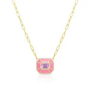 14KT Yellow Gold Pink Topaz Pink Enamel Diamond Deco Necklace